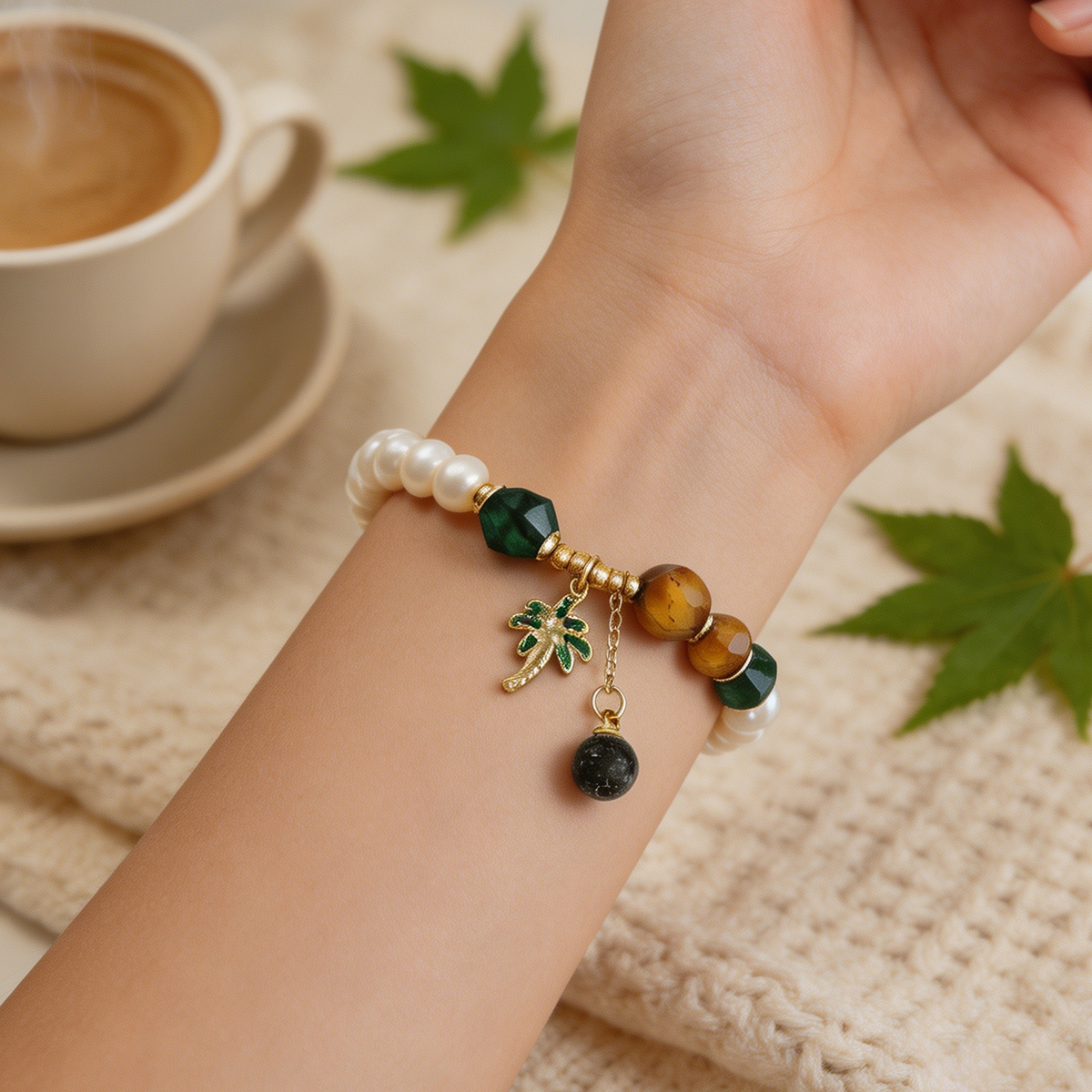 Geometric Beading Bracelet For Women In Golden Plated Copper With Freshwater Pearl Inlay, Electroplated Finish 8