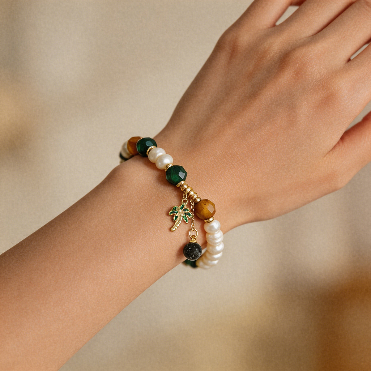 Geometric Beading Bracelet For Women In Golden Plated Copper With Freshwater Pearl Inlay, Electroplated Finish 9
