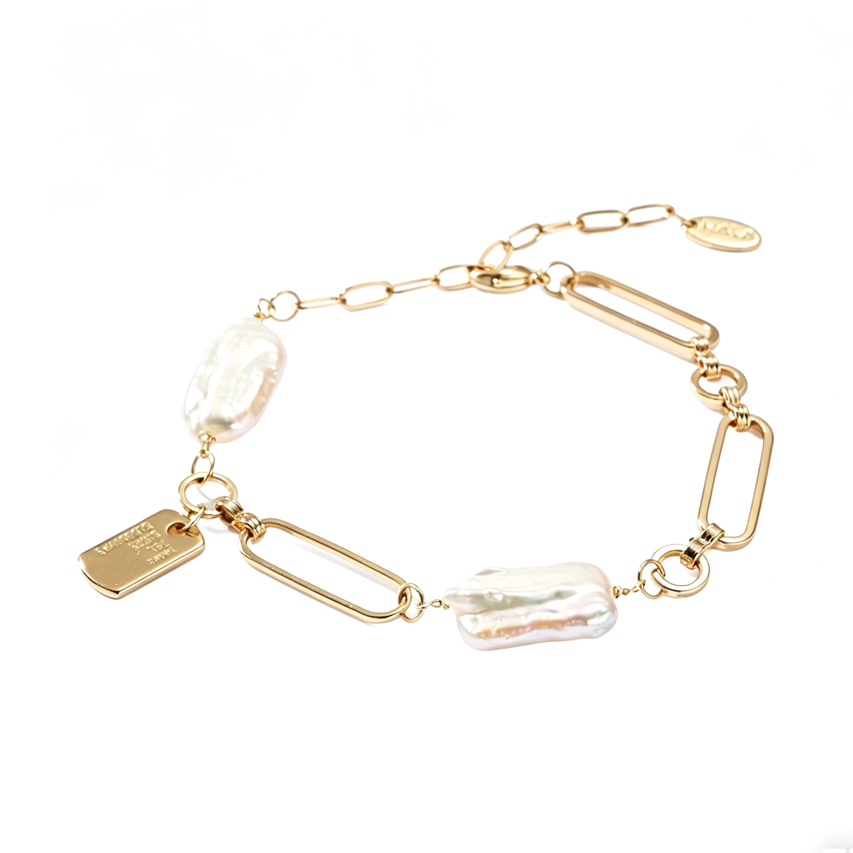 Three-dimensional Geometric Bracelets For Women With Freshwater Pearl Inlay And Golden Plated Copper Featuring Paperclip Chain 5