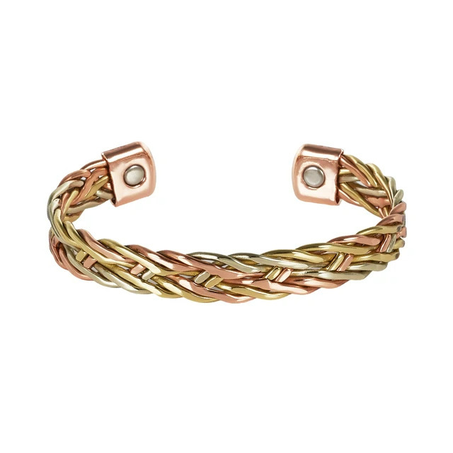 Geometric Braid Bangle In Copper With Golden Electroplated Finish Featuring Magnetic Clasp Closure 3