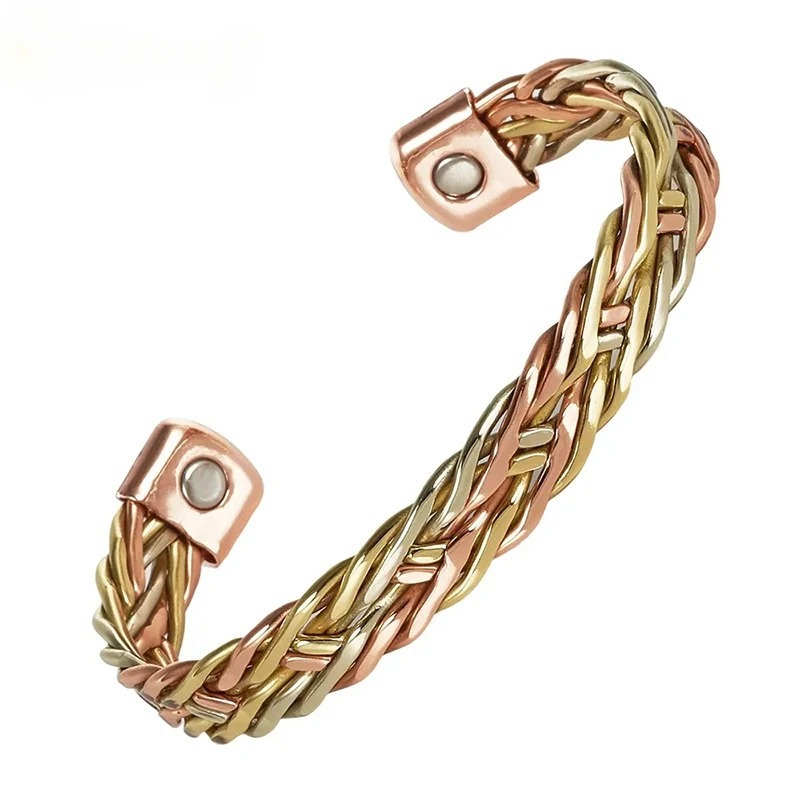 Geometric Braid Bangle In Copper With Golden Electroplated Finish Featuring Magnetic Clasp Closure 4