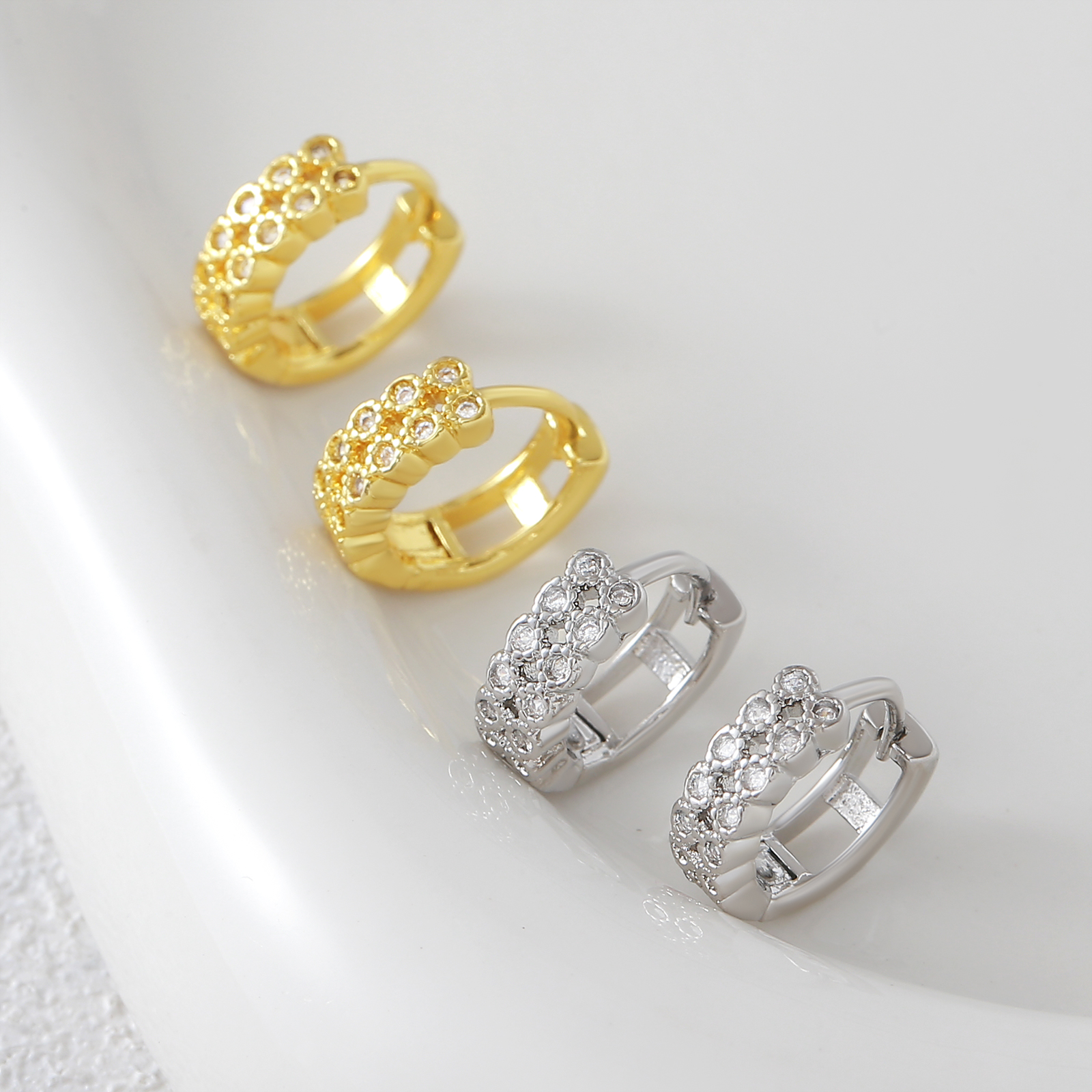 Geometric Earrings With Claw Setting, 18K Real Gold Plated Copper Featuring Zircon Inlay And Water Plating With 0.05µm-0.08µm Thickness