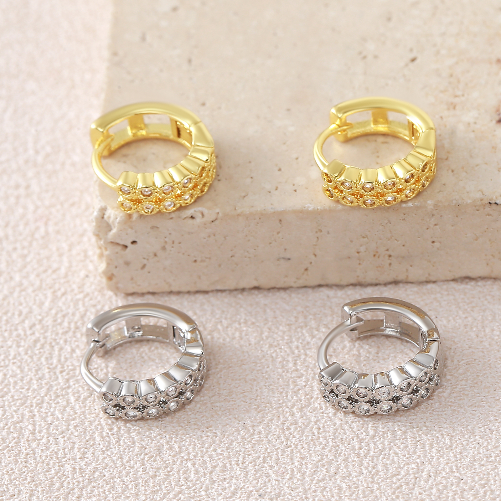 Geometric Earrings With Claw Setting, 18K Real Gold Plated Copper Featuring Zircon Inlay And Water Plating With 0.05µm-0.08µm Thickness 5