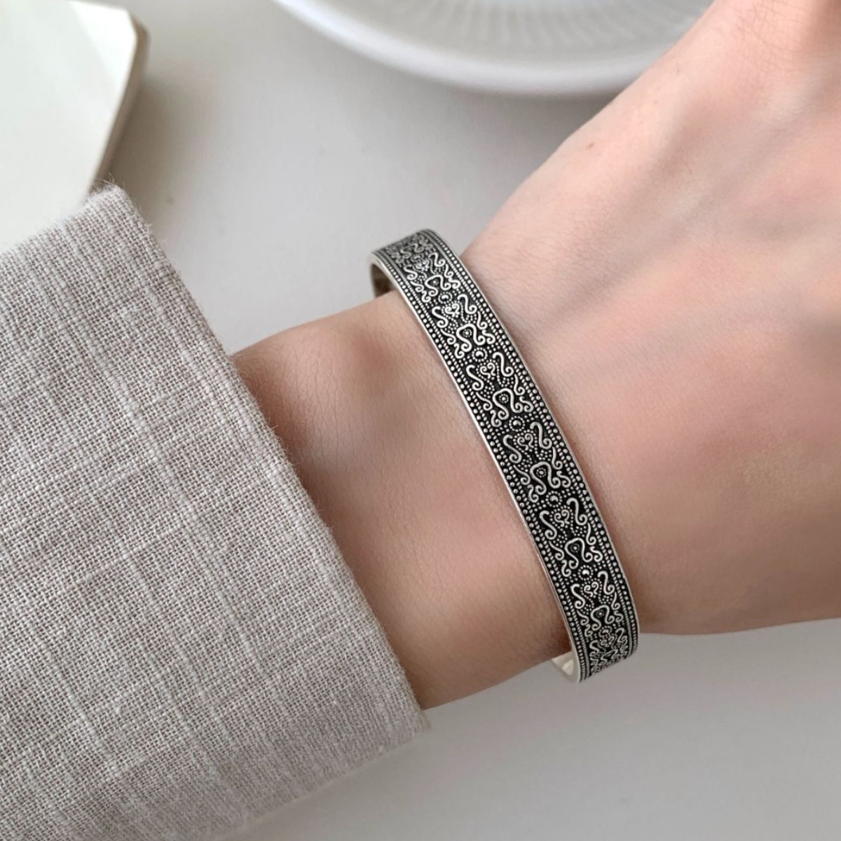 Geometric Copper Bangle With Electroplated Gold Plating In Silver, Featuring Retro Style 3