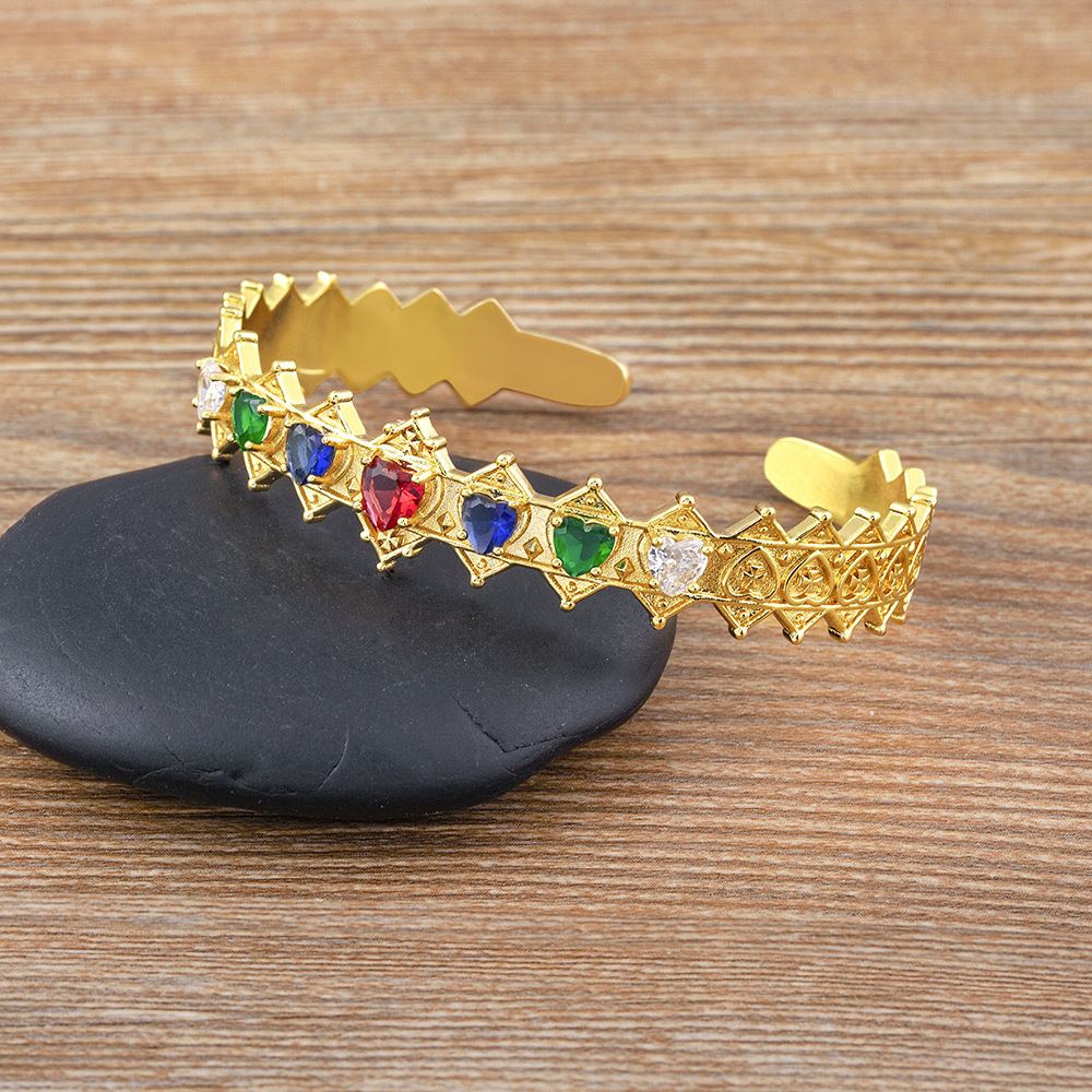 Geometric Copper Bangle With 18K Real Gold Plated Electroplated Finish And Gem Inlay