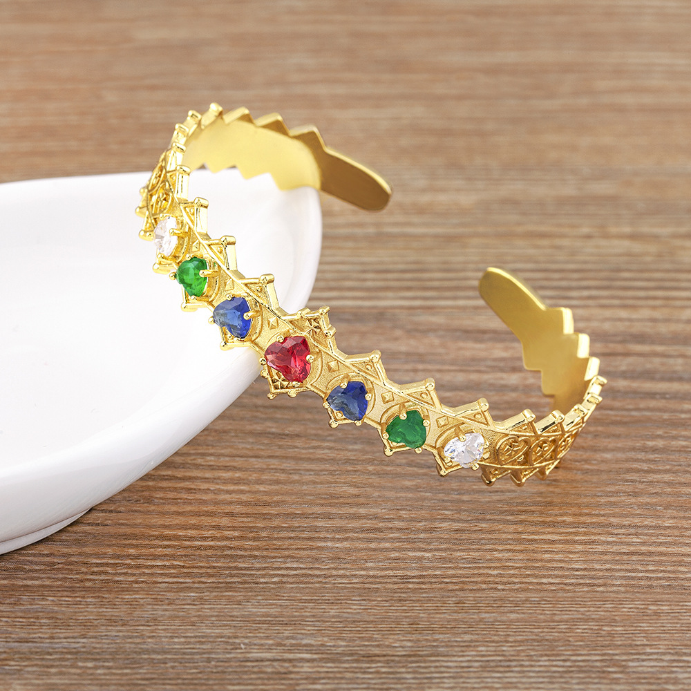 Geometric Copper Bangle With 18K Real Gold Plated Electroplated Finish And Gem Inlay 3