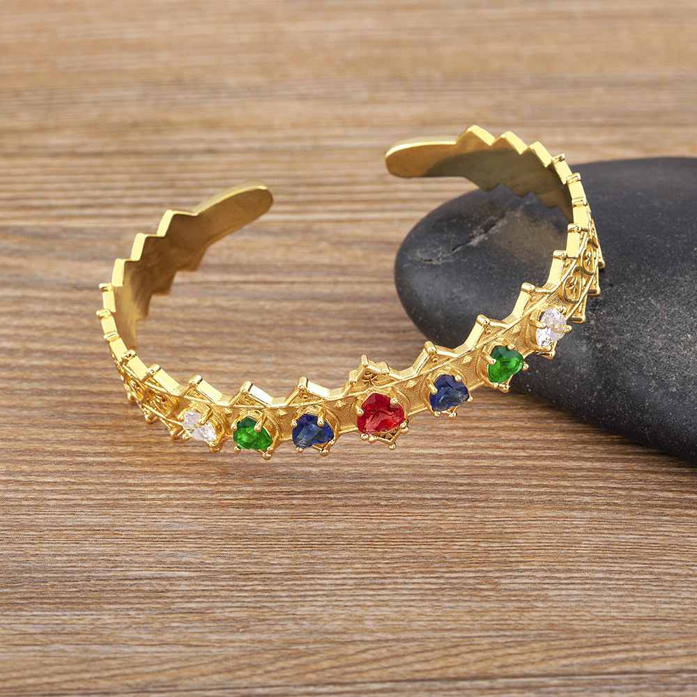 Geometric Copper Bangle With 18K Real Gold Plated Electroplated Finish And Gem Inlay 4