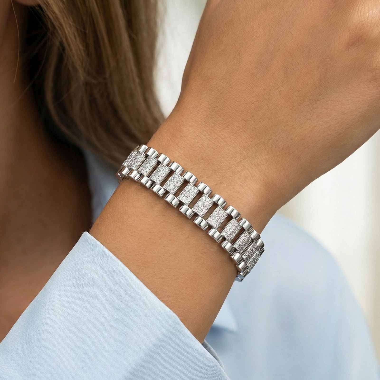 Geometric Copper Bracelet For Women With Platinum Plated Bezel Setting, Handmade Chain, And Zircon Inlay Featuring Water Plating