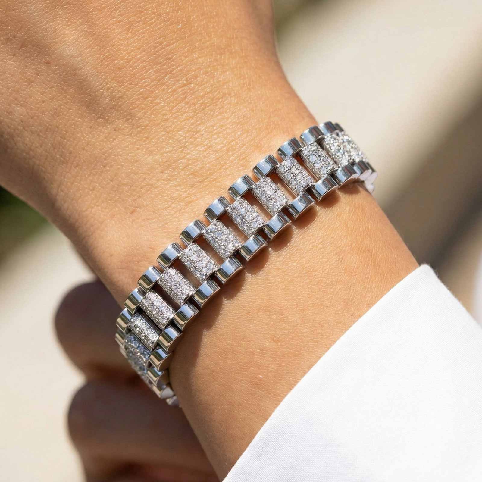 Geometric Copper Bracelet For Women With Platinum Plated Bezel Setting, Handmade Chain, And Zircon Inlay Featuring Water Plating 3