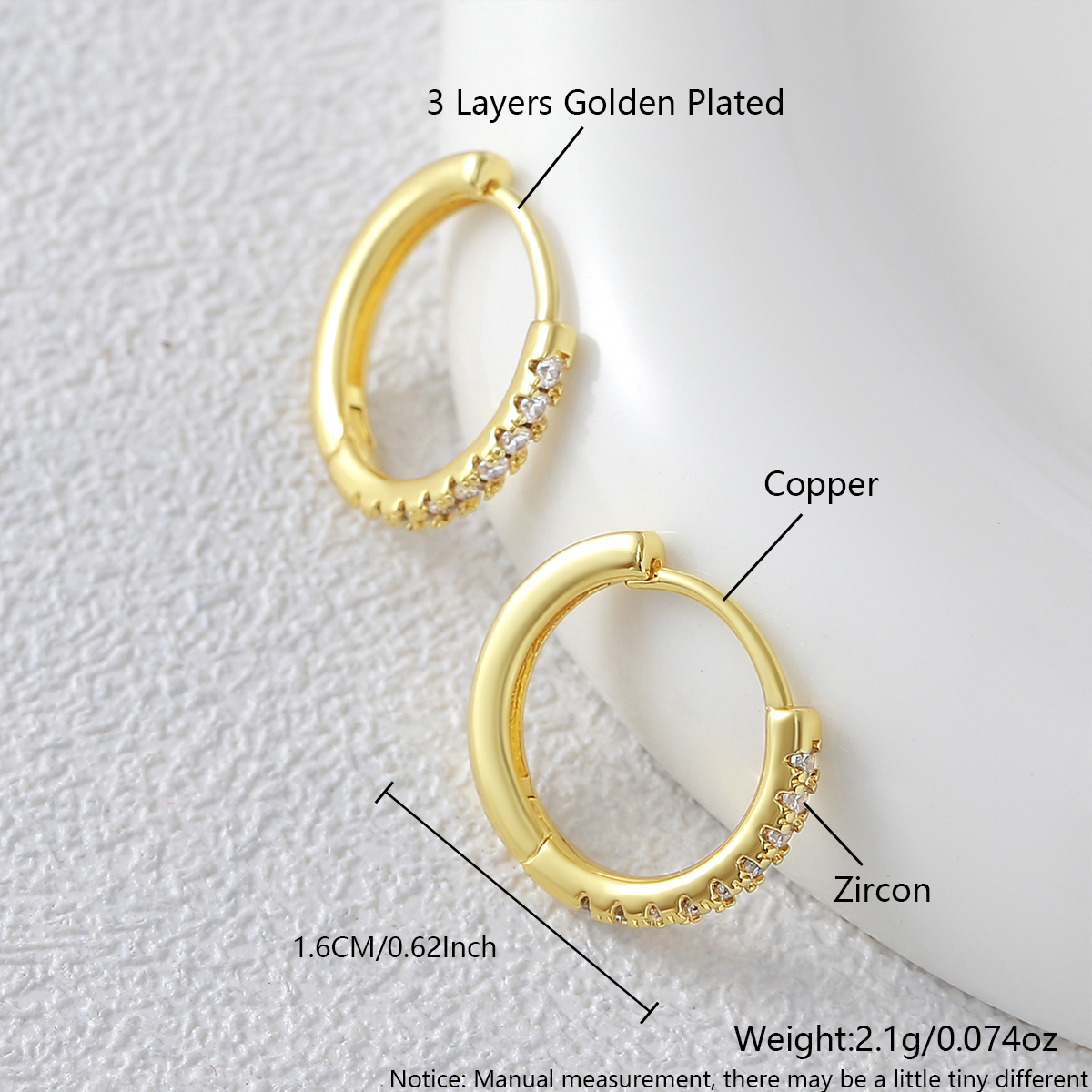 Geometric Copper Earrings With Claw Setting, 18K Gold Plating And Zircon Inlay, Water Plated 0.05-0.08µm 2