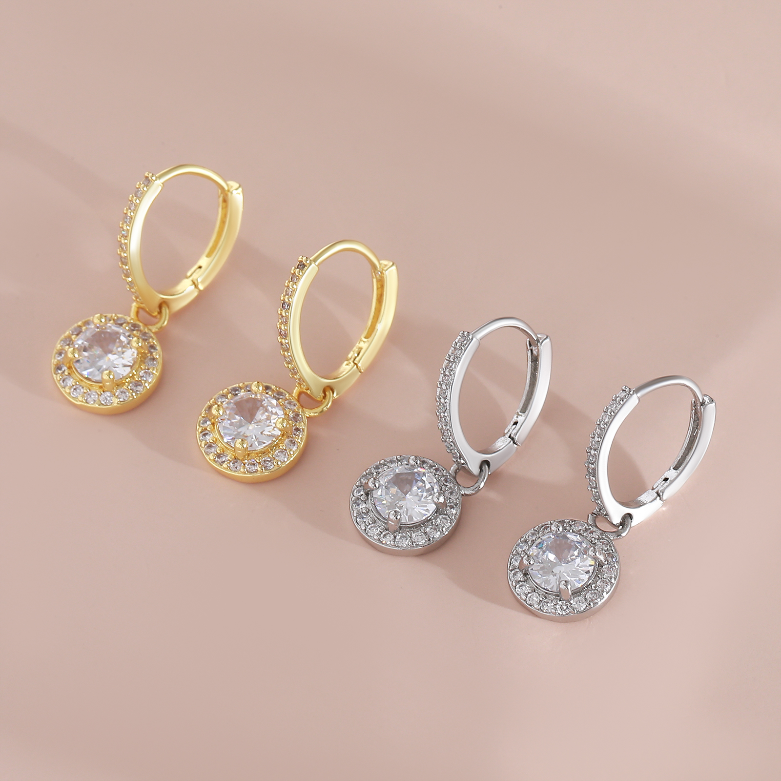 Geometric Drop Earrings For Women With Bezel Setting, PVD Coated Copper, 18K Real Gold Plated, Featuring Zircon Inlay