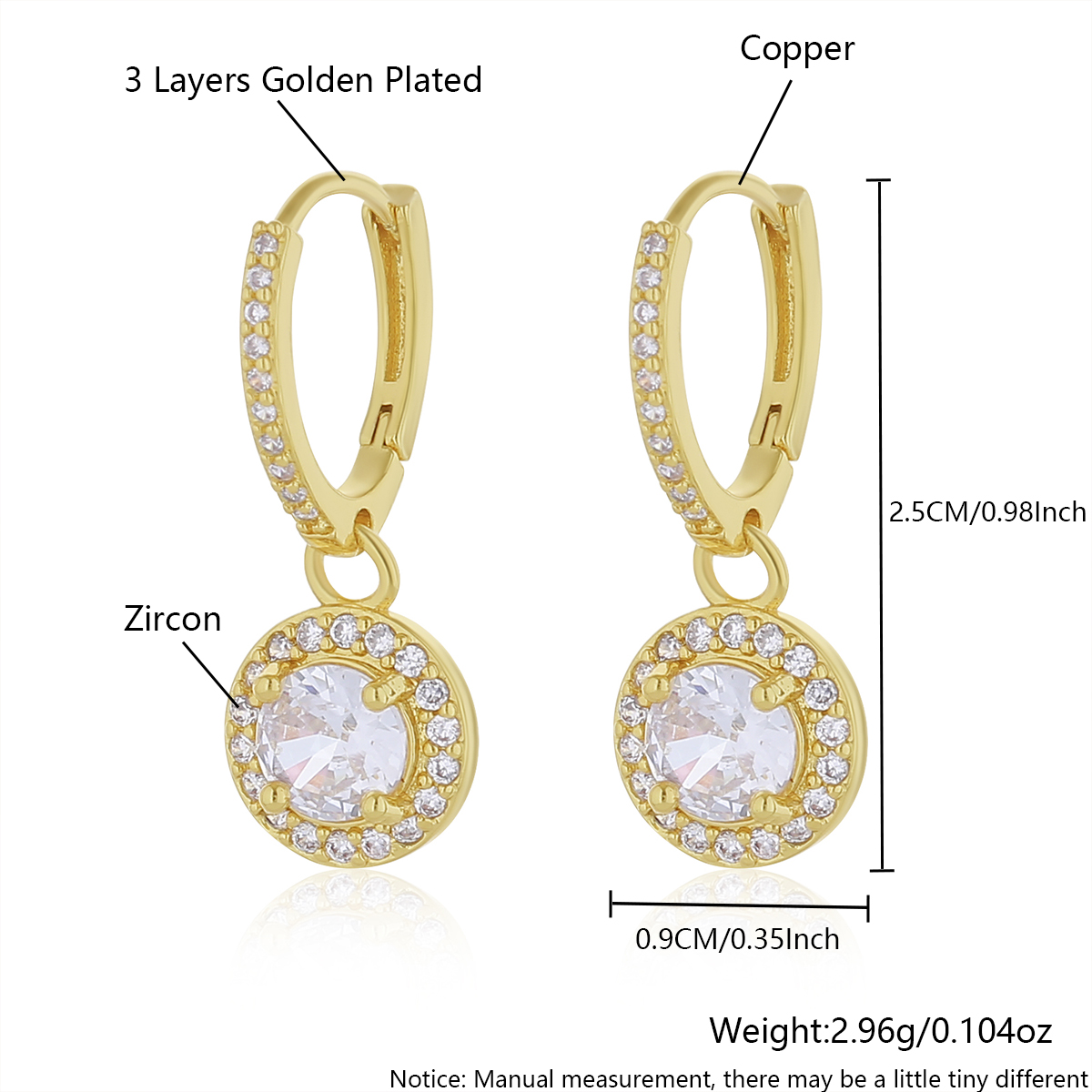 Geometric Drop Earrings For Women With Bezel Setting, PVD Coated Copper, 18K Real Gold Plated, Featuring Zircon Inlay 2