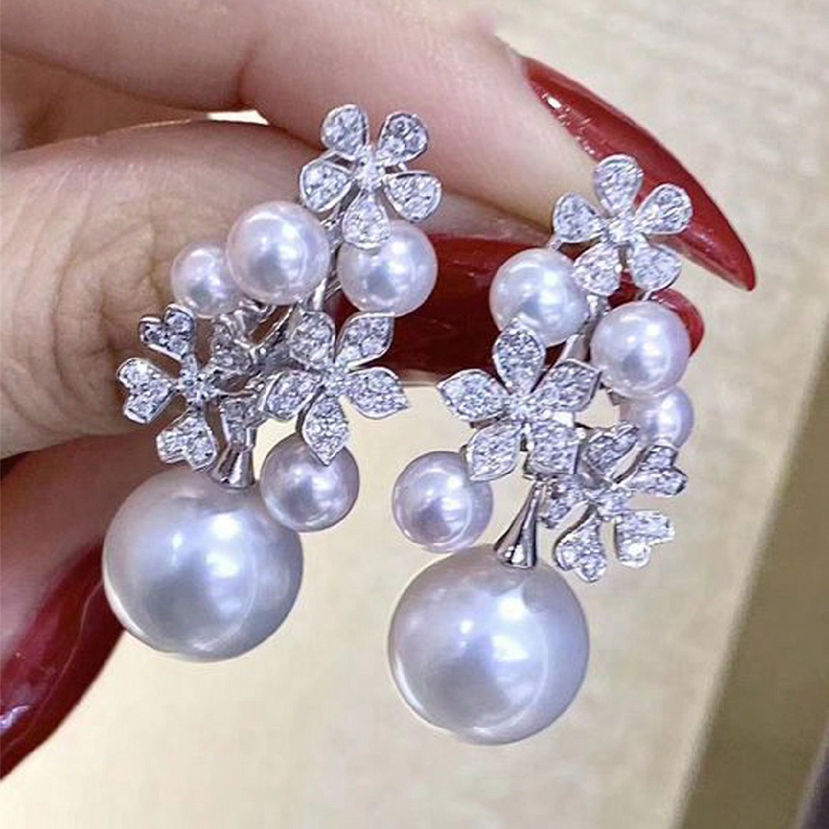 Geometric Drop Earrings For Women With Claw Setting, White K Gold Plated Copper And Pearl Inlay, Featuring Water Plating Process