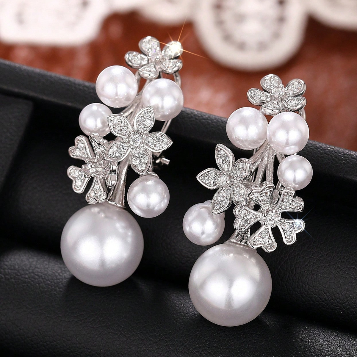 Geometric Drop Earrings For Women With Claw Setting, White K Gold Plated Copper And Pearl Inlay, Featuring Water Plating Process 2