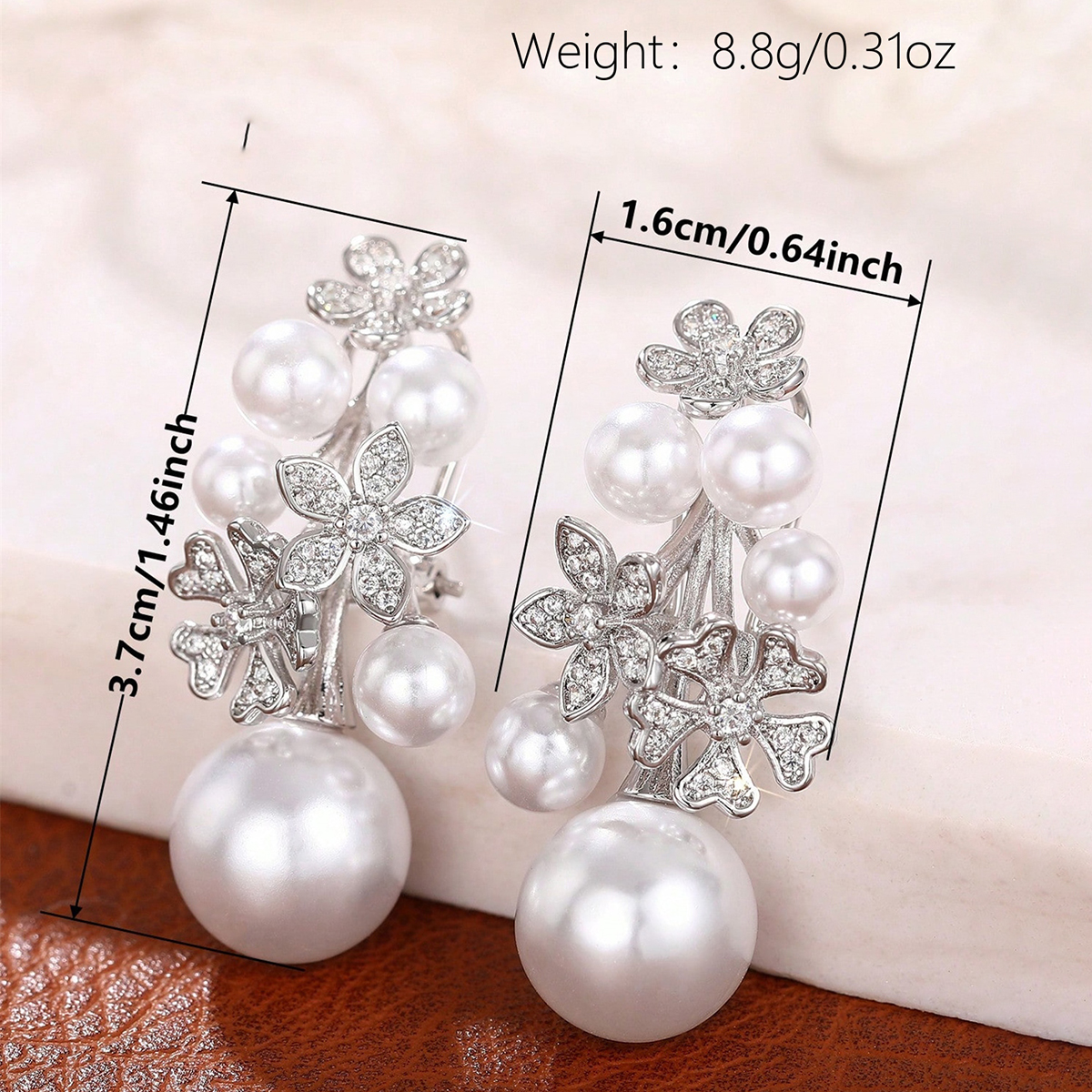 Geometric Drop Earrings For Women With Claw Setting, White K Gold Plated Copper And Pearl Inlay, Featuring Water Plating Process 4