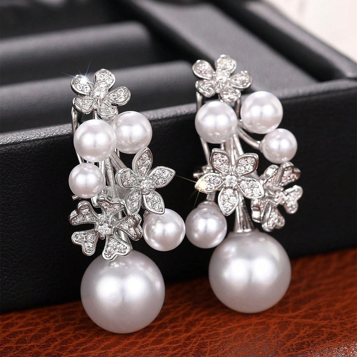 Geometric Drop Earrings For Women With Claw Setting, White K Gold Plated Copper And Pearl Inlay, Featuring Water Plating Process 5