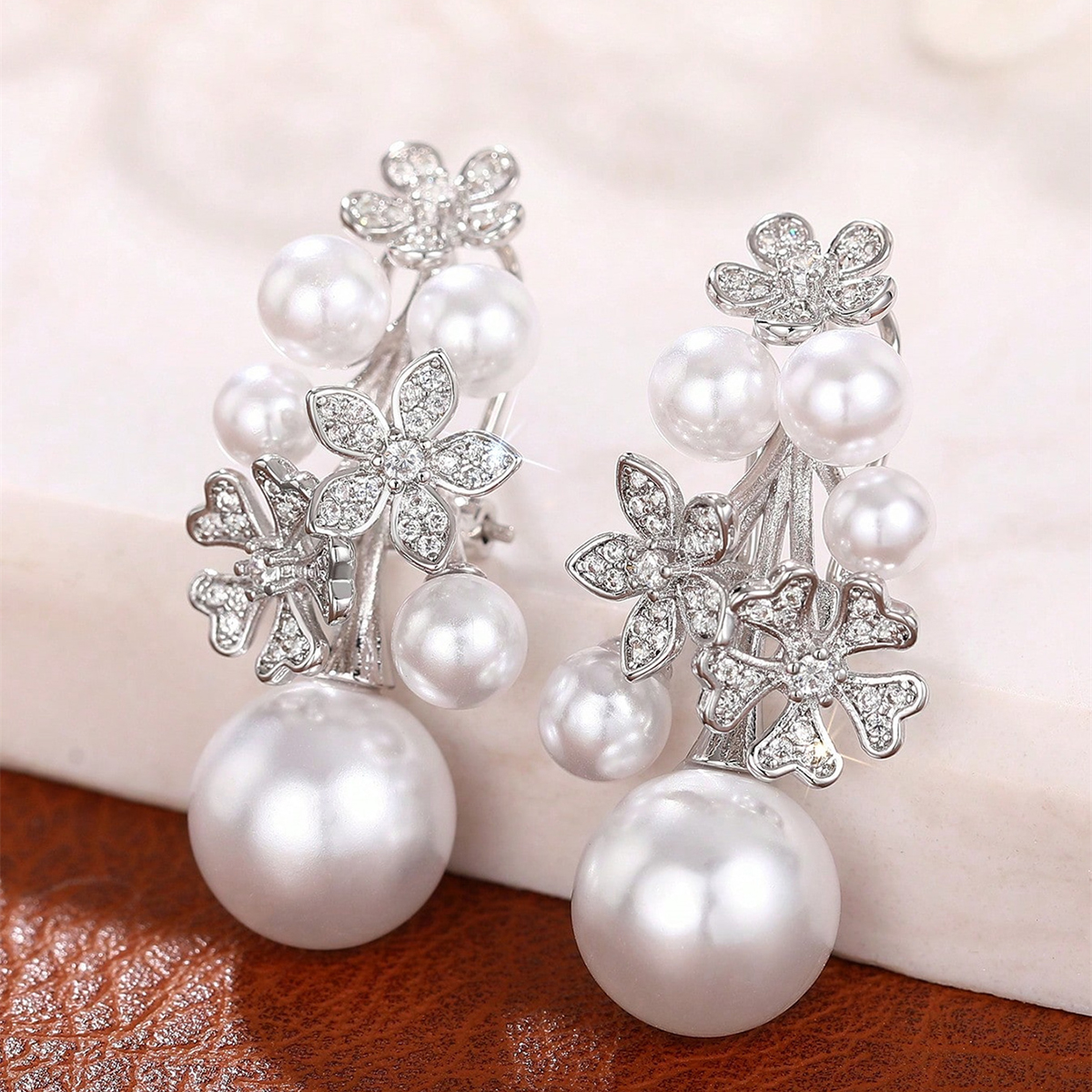 Geometric Drop Earrings For Women With Claw Setting, White K Gold Plated Copper And Pearl Inlay, Featuring Water Plating Process 6