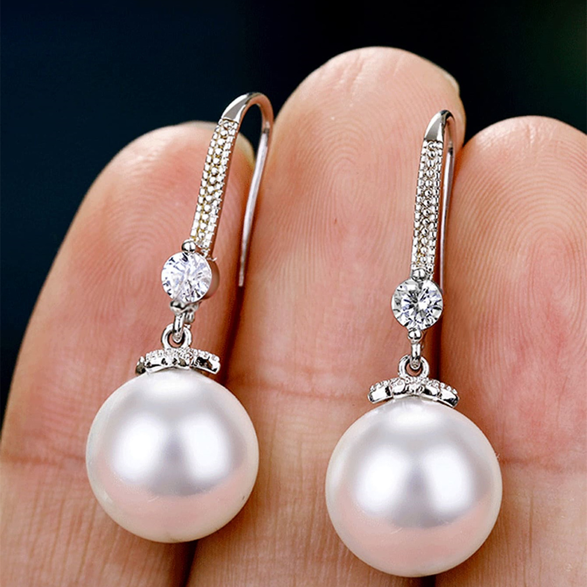 Geometric Drop Earrings For Women With Claw Setting, White K Plated Copper, Water Plating, Featuring Pearl Inlay 3