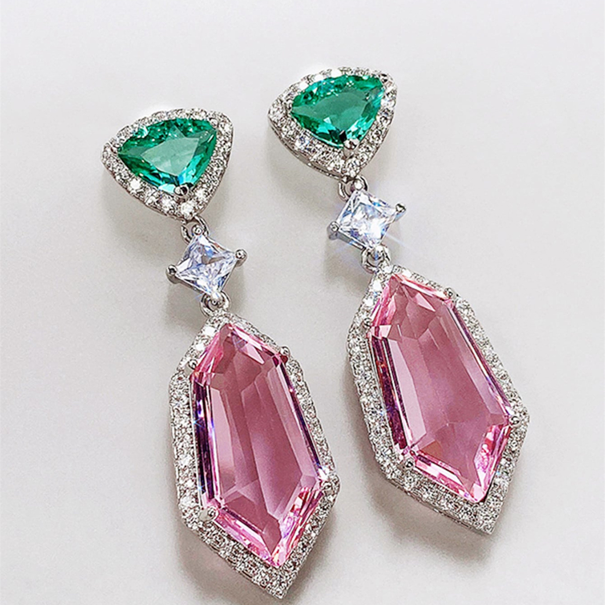 Geometric Drop Earrings For Women With Claw Setting, White K Plated Copper, Water Plating, And Zircon Inlay 2