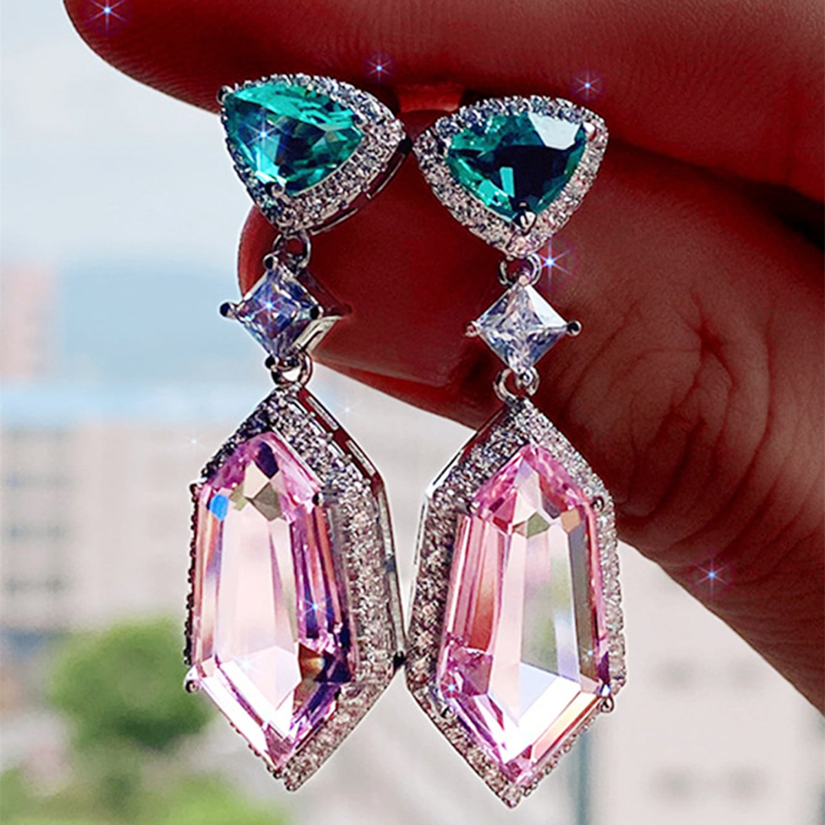 Geometric Drop Earrings For Women With Claw Setting, White K Plated Copper, Water Plating, And Zircon Inlay 3