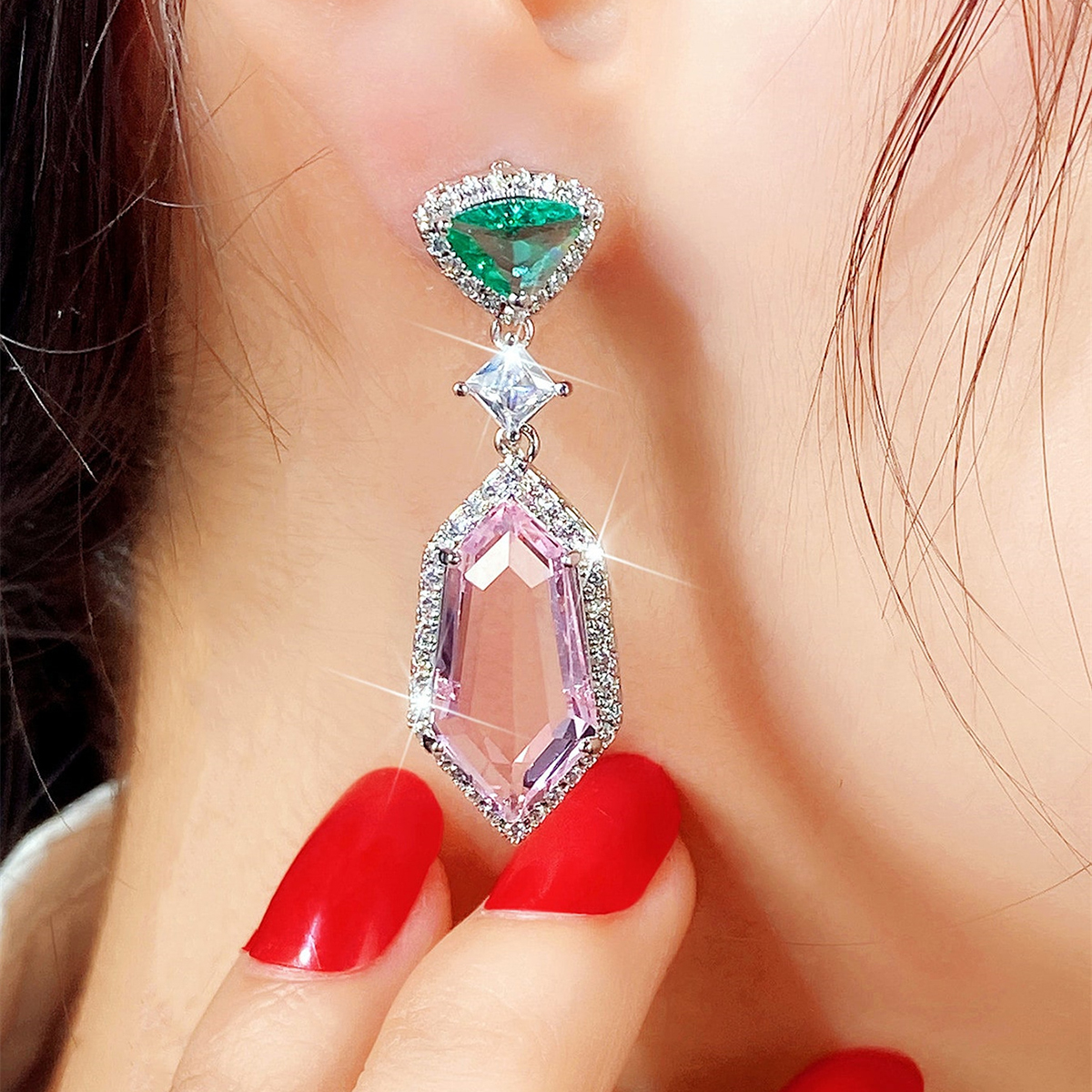 Geometric Drop Earrings For Women With Claw Setting, White K Plated Copper, Water Plating, And Zircon Inlay 4
