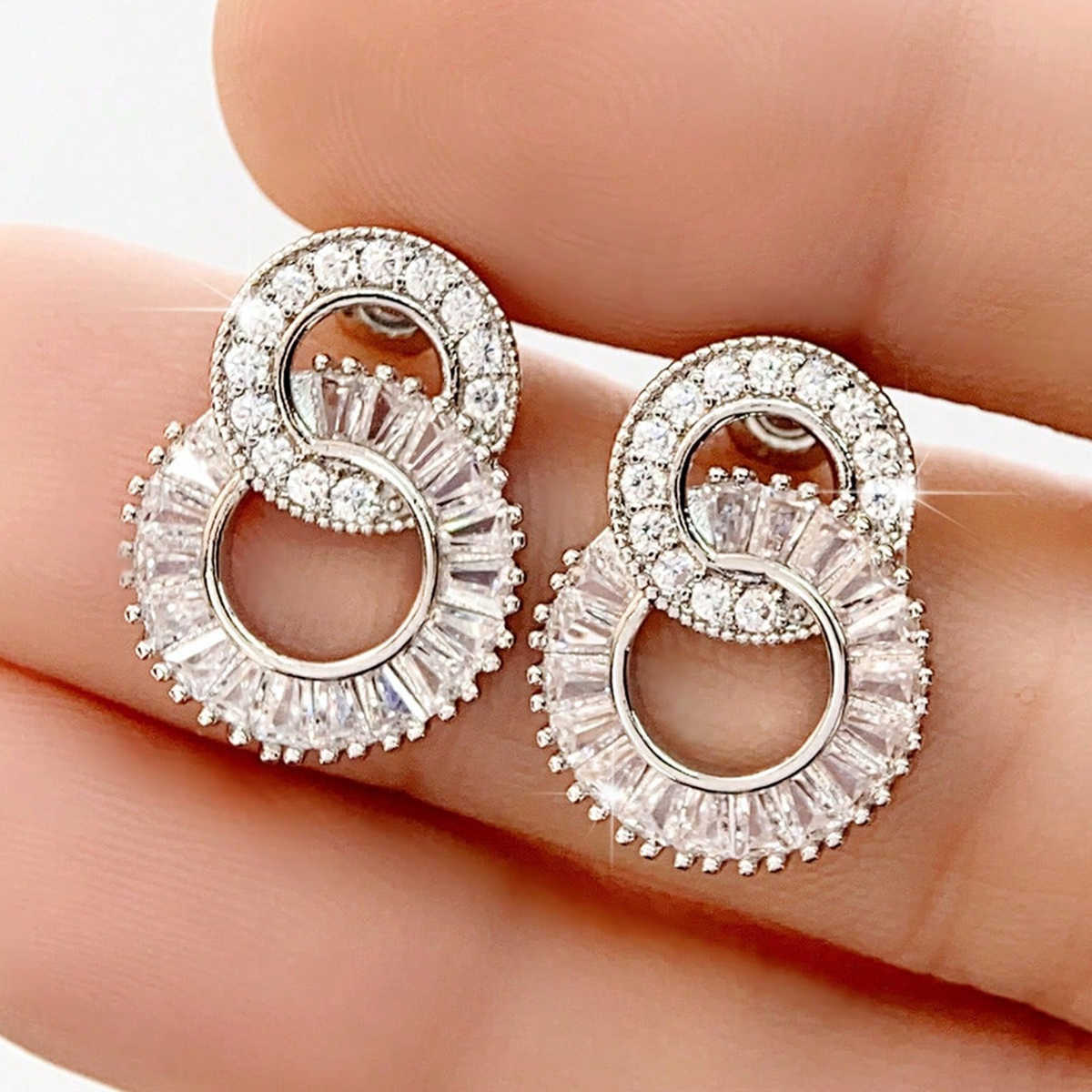 Geometric Drop Earrings For Women With Claw Setting, White K Plated Copper, Water Plating, And Zircon Inlay 5