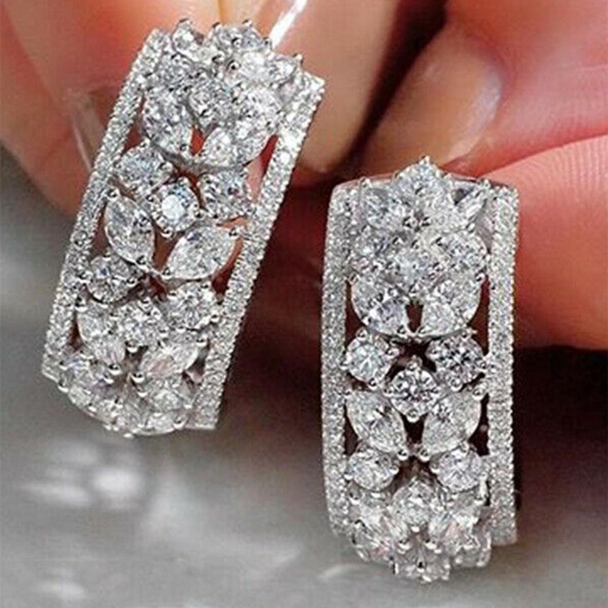 Geometric Drop Earrings For Women With Claw Setting, White K Plated Copper, Water Plating, And Zircon Inlay