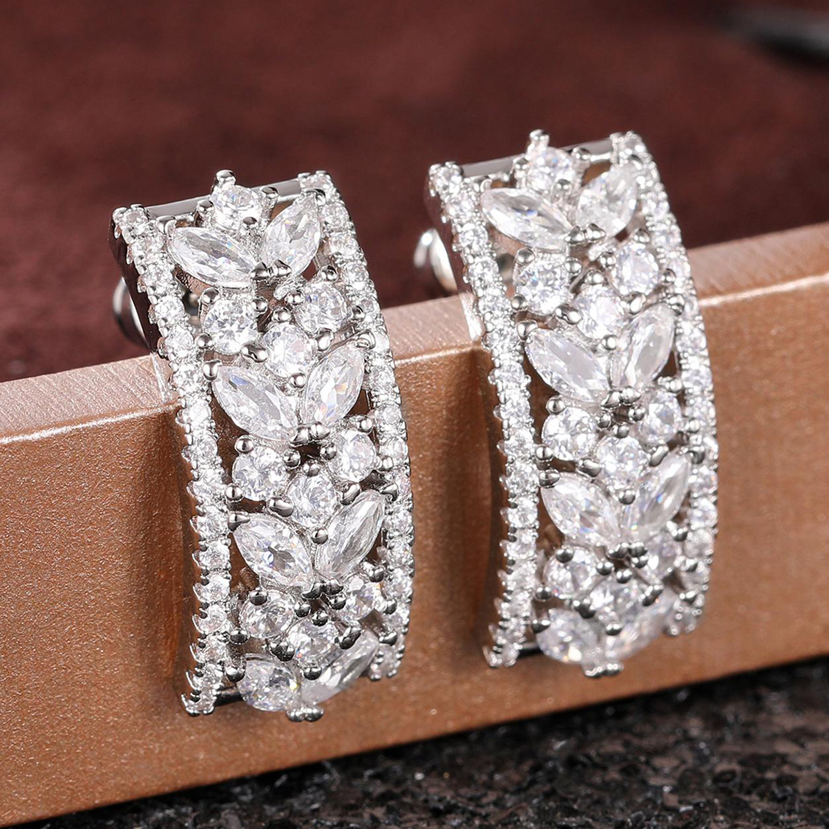 Geometric Drop Earrings For Women With Claw Setting, White K Plated Copper, Water Plating, And Zircon Inlay 2