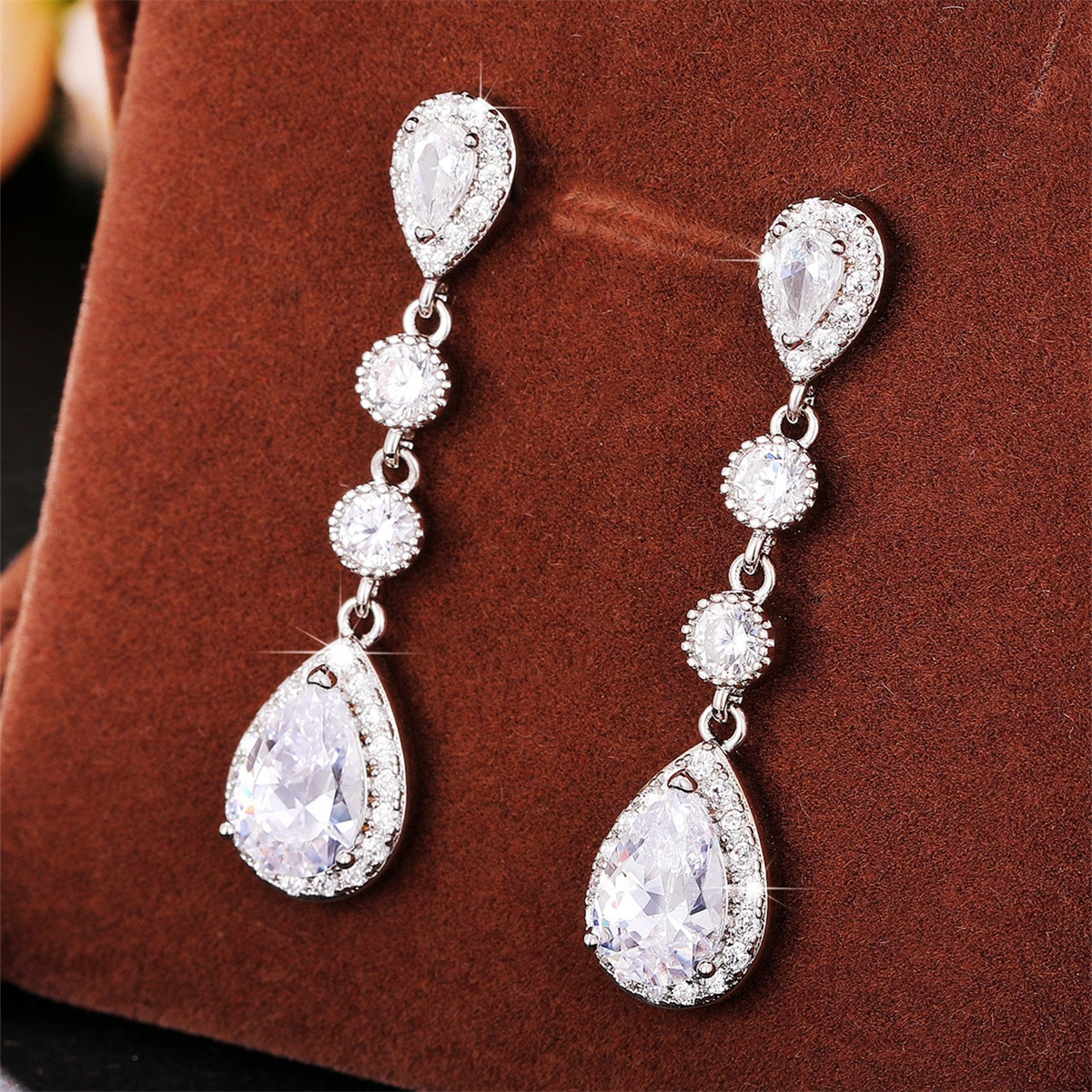 Geometric Drop Earrings For Women With Claw Setting, White K Plated Copper, Water Plating, And Zircon Inlay