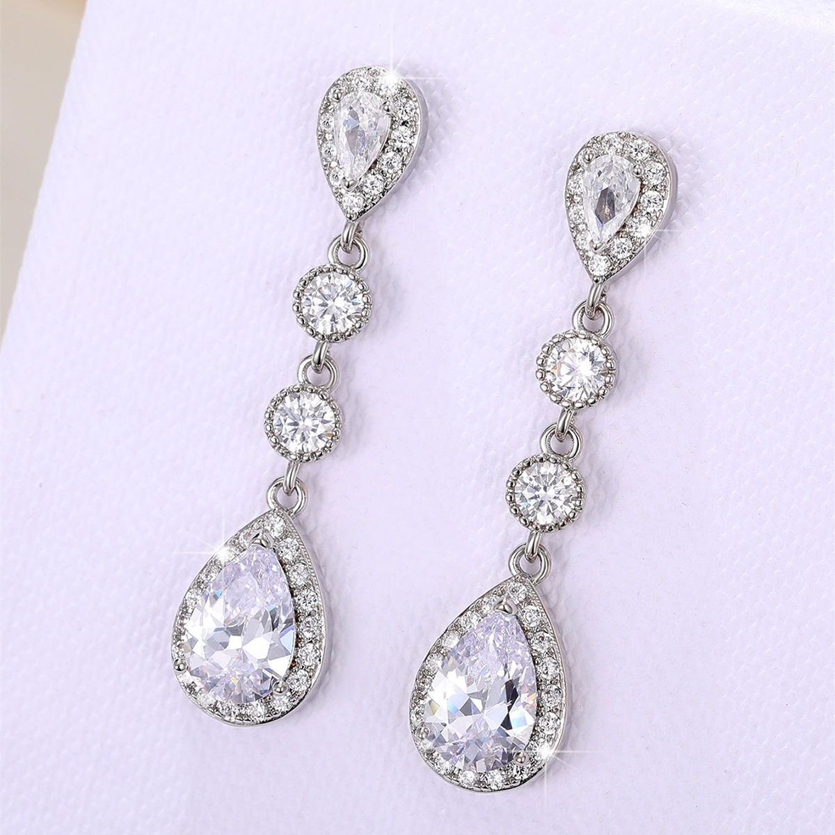 Geometric Drop Earrings For Women With Claw Setting, White K Plated Copper, Water Plating, And Zircon Inlay 2