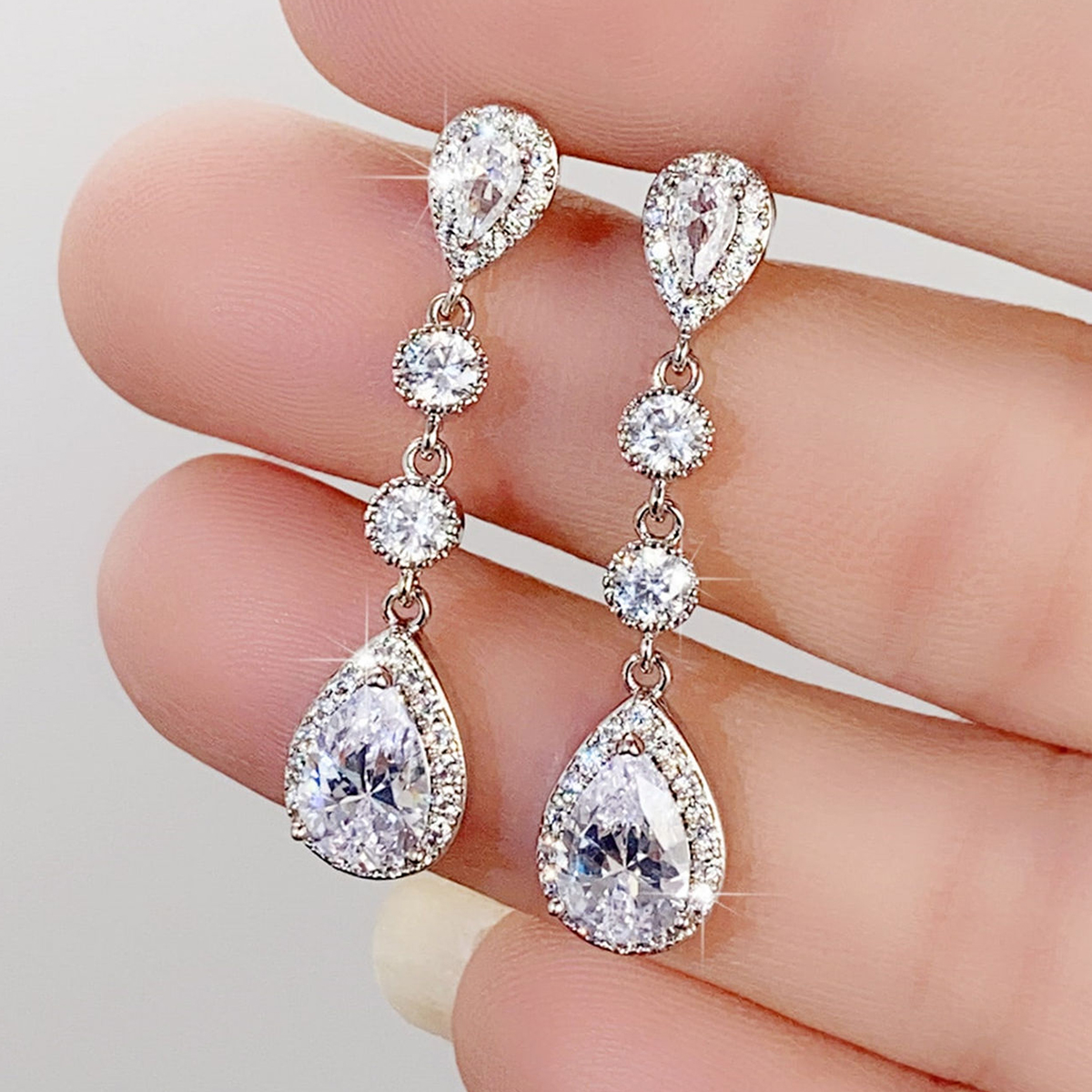 Geometric Drop Earrings For Women With Claw Setting, White K Plated Copper, Water Plating, And Zircon Inlay 3