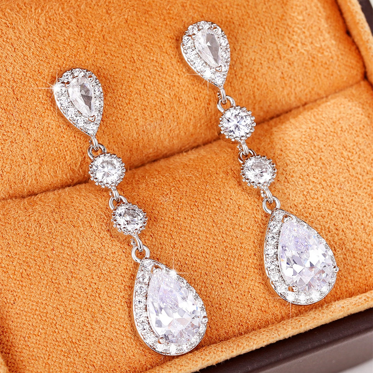 Geometric Drop Earrings For Women With Claw Setting, White K Plated Copper, Water Plating, And Zircon Inlay 4