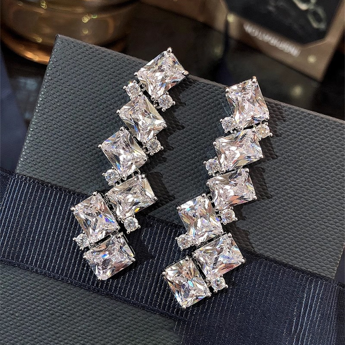 Geometric Drop Earrings For Women With Claw Setting, White K Plated Copper, Water Plating, And Zircon Inlay