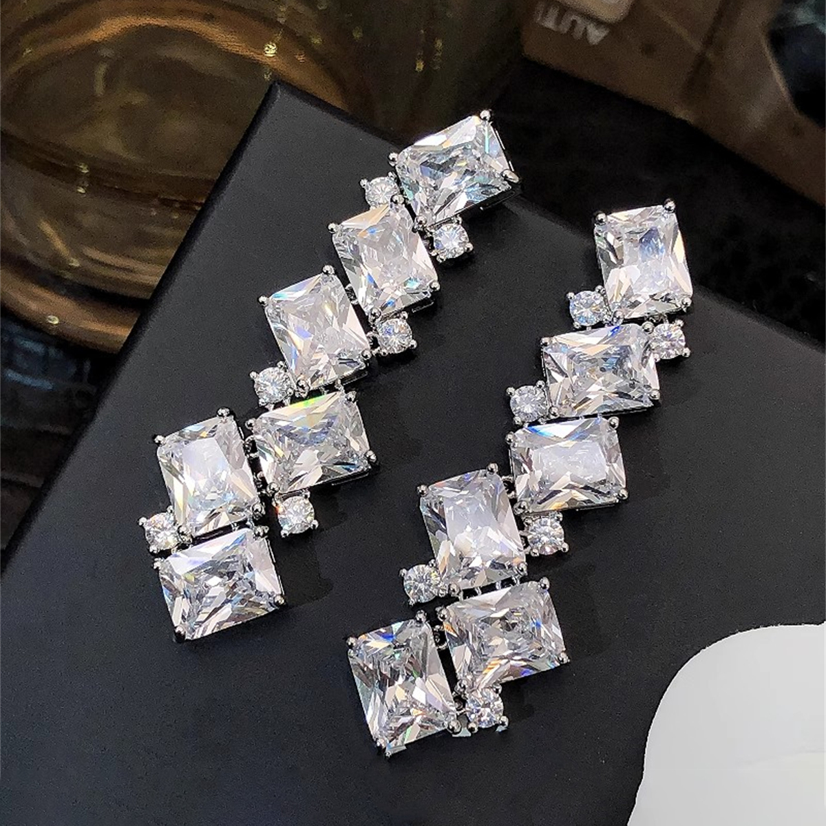 Geometric Drop Earrings For Women With Claw Setting, White K Plated Copper, Water Plating, And Zircon Inlay 2