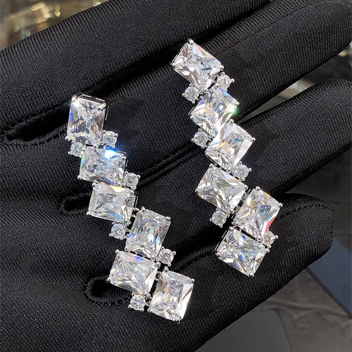 Geometric Drop Earrings For Women With Claw Setting, White K Plated Copper, Water Plating, And Zircon Inlay 3
