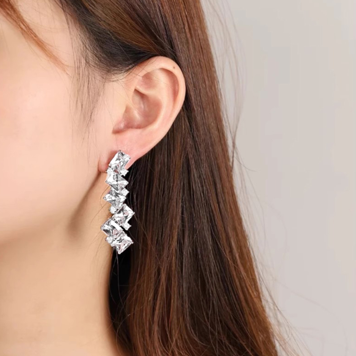 Geometric Drop Earrings For Women With Claw Setting, White K Plated Copper, Water Plating, And Zircon Inlay 7