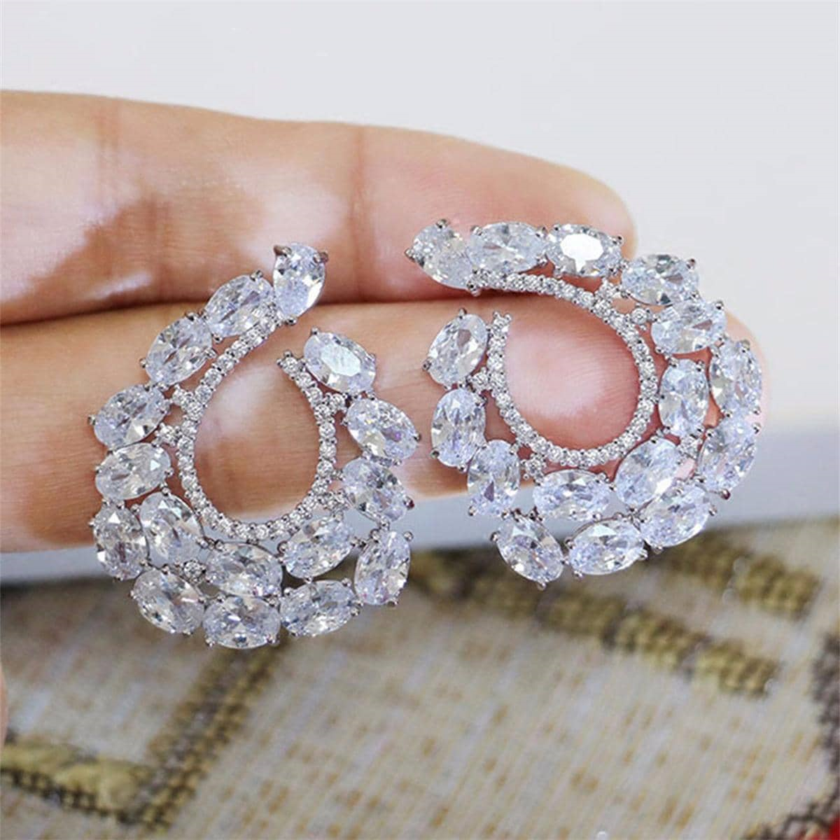 Geometric Drop Earrings For Women With Claw Setting, White K Plated Copper, Water Plating, And Zircon Inlay