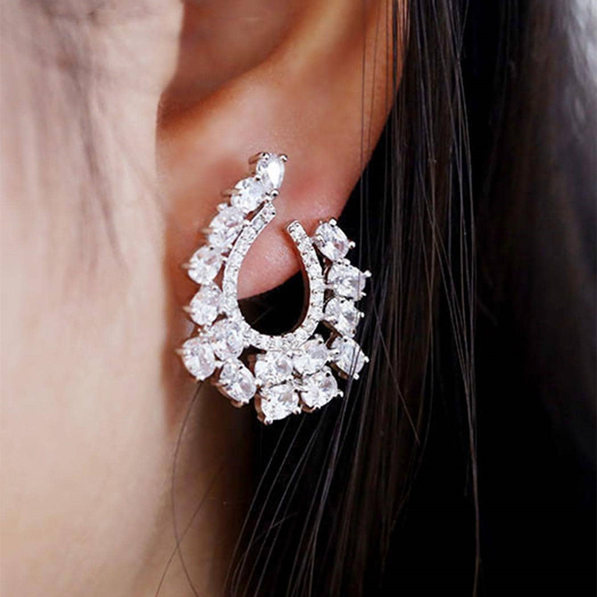 Geometric Drop Earrings For Women With Claw Setting, White K Plated Copper, Water Plating, And Zircon Inlay 2