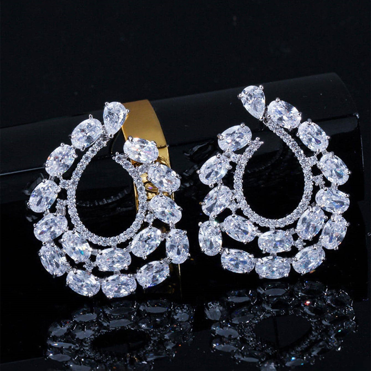 Geometric Drop Earrings For Women With Claw Setting, White K Plated Copper, Water Plating, And Zircon Inlay 6