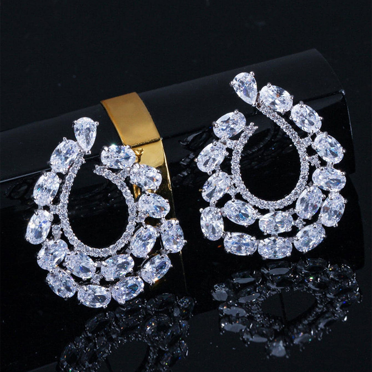 Geometric Drop Earrings For Women With Claw Setting, White K Plated Copper, Water Plating, And Zircon Inlay 7