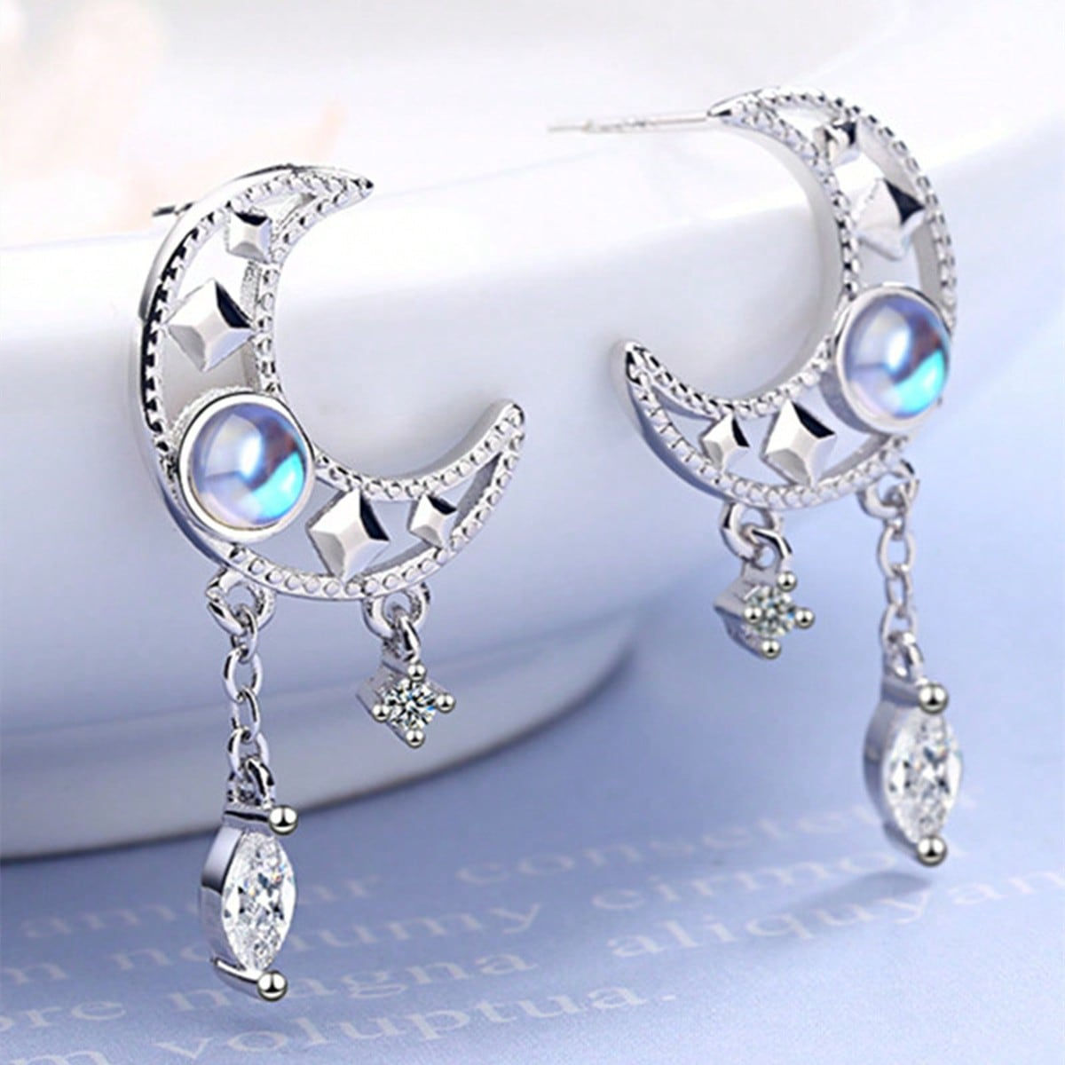 Geometric Drop Earrings For Women With Claw Setting, White K Plated Copper, Water Plating, And Zircon Inlay