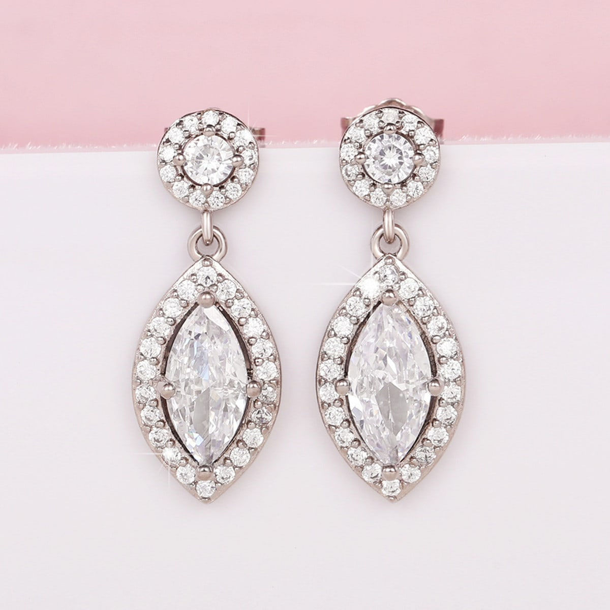 Geometric Drop Earrings For Women With Claw Setting, White K Plated Copper, And Zircon Inlay Featuring Water Plating