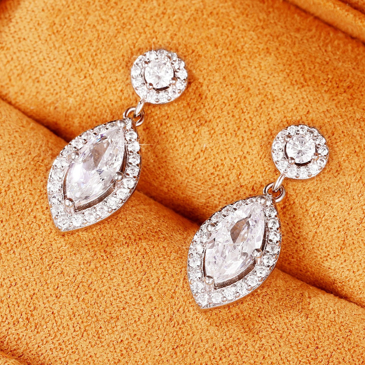 Geometric Drop Earrings For Women With Claw Setting, White K Plated Copper, And Zircon Inlay Featuring Water Plating 2