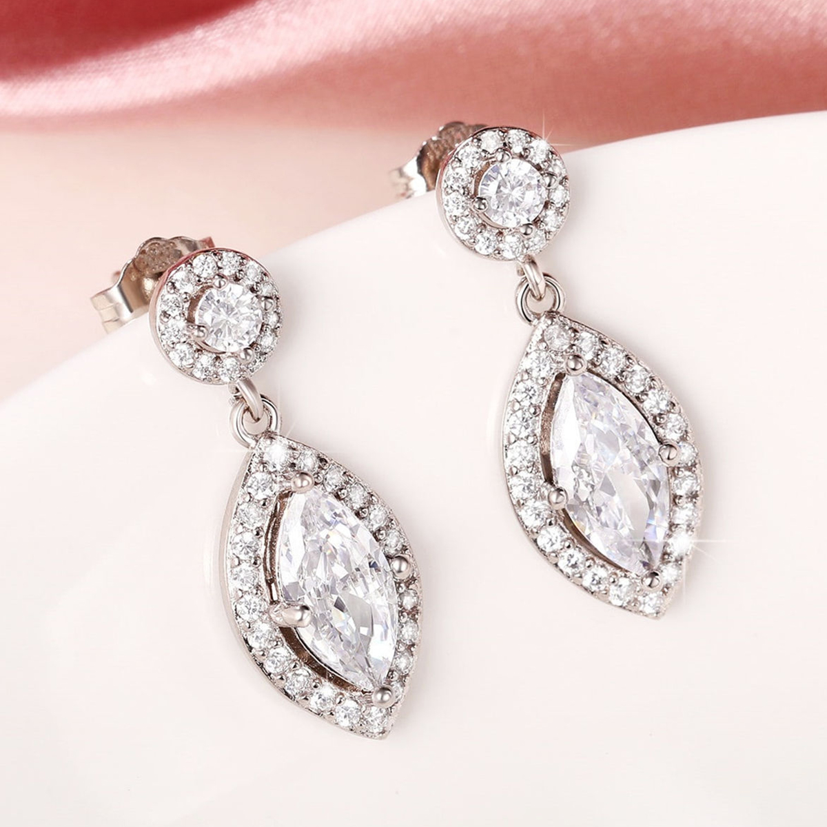 Geometric Drop Earrings For Women With Claw Setting, White K Plated Copper, And Zircon Inlay Featuring Water Plating 3