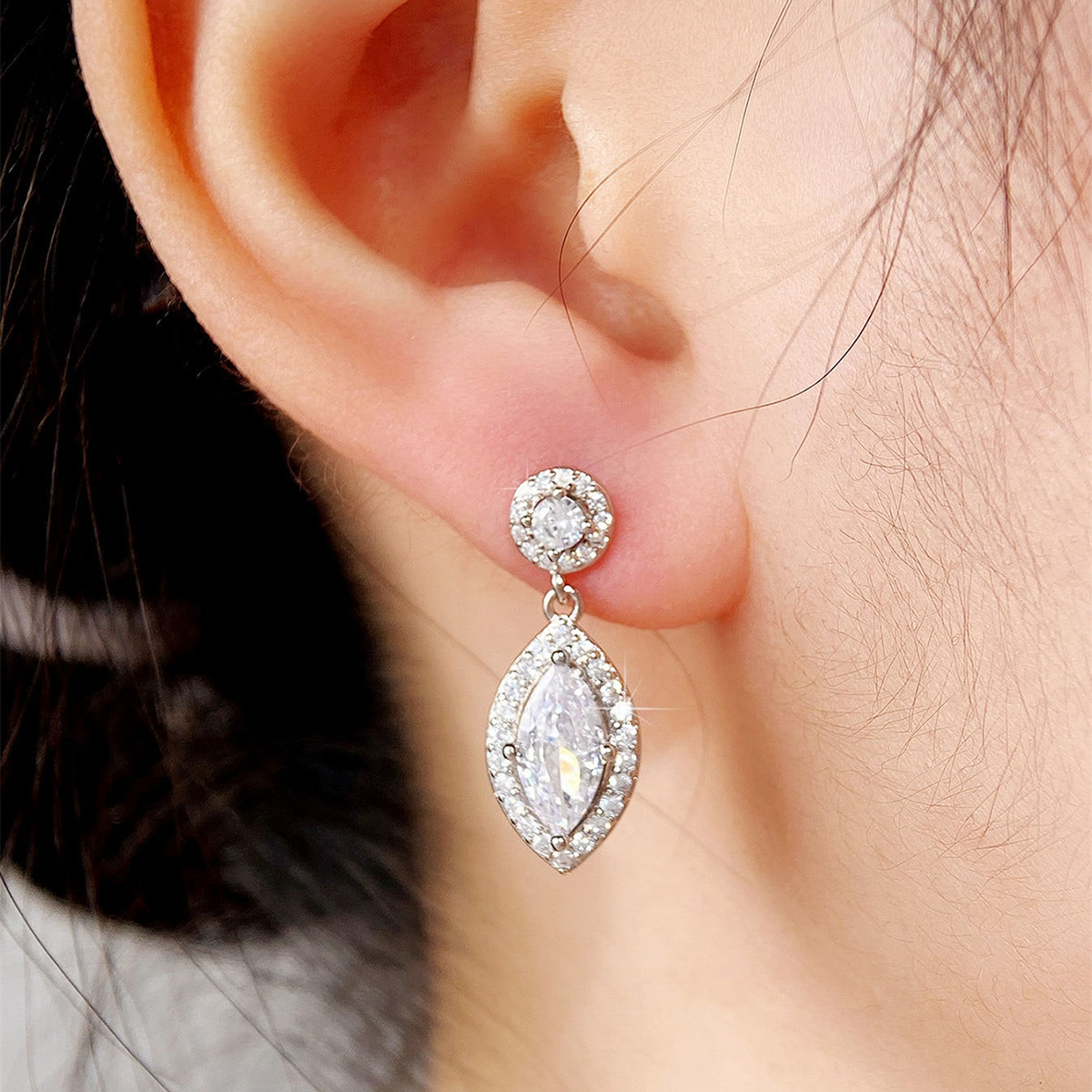 Geometric Drop Earrings For Women With Claw Setting, White K Plated Copper, And Zircon Inlay Featuring Water Plating 6