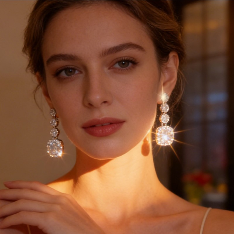 Geometric Electroplated White K Plated Copper Stud Earrings For Women With Rhinestone Inlay