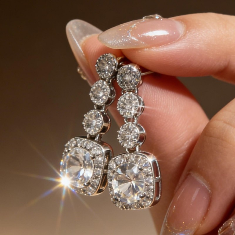 Geometric Electroplated White K Plated Copper Stud Earrings For Women With Rhinestone Inlay 3