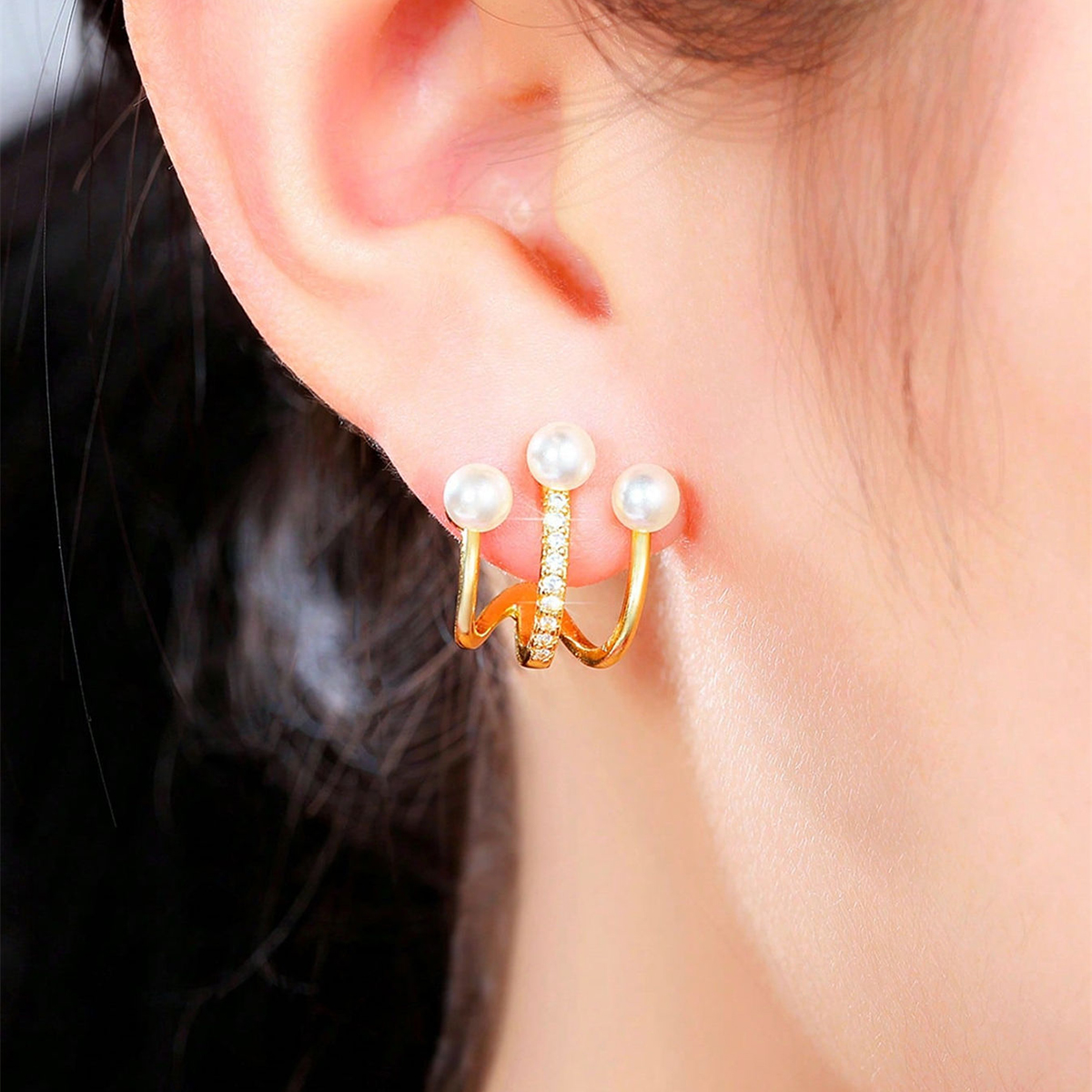 Geometric Earrings For Women With Claw Setting, Water Plated Copper, And KC Golden Plated Finish Featuring Pearl Inlay 3