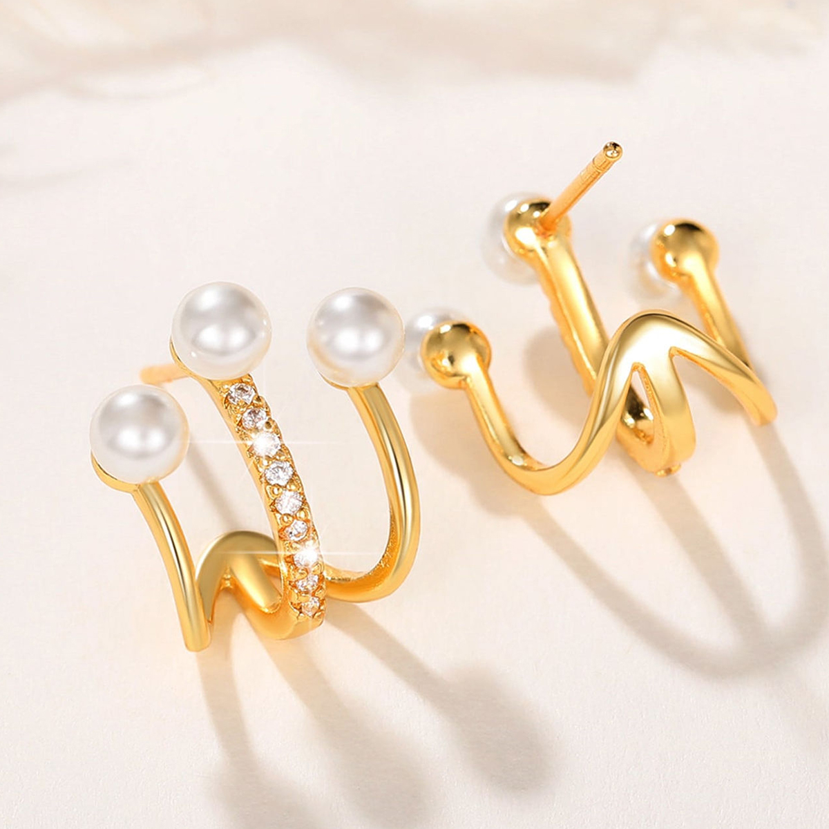 Geometric Earrings For Women With Claw Setting, Water Plated Copper, And KC Golden Plated Finish Featuring Pearl Inlay 4