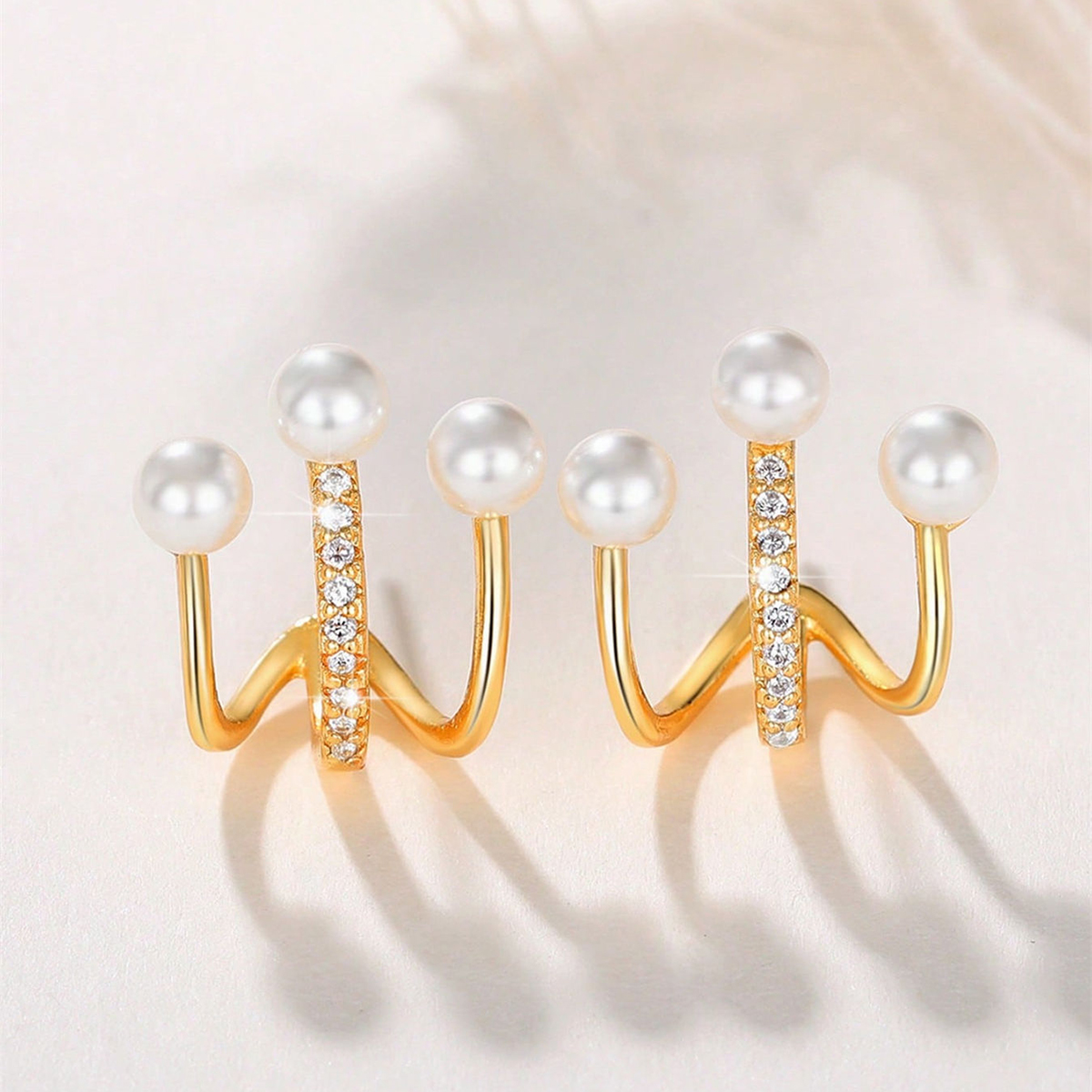Geometric Earrings For Women With Claw Setting, Water Plated Copper, And KC Golden Plated Finish Featuring Pearl Inlay 5